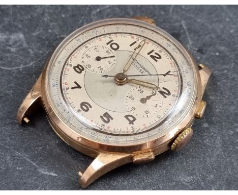A Chronographe Suisse 18ct gold manual wind wristwatch, 37mm, lacking strap. 