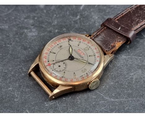 A 1930s Jaeger-LeCoultre 'Uniplan Duo Date' 9ct gold manual wind wristwatch, 30mm, Ref. 29746, Cal. 98000, with partial leath