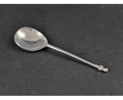 A 17th or 18th century white metal apostle spoon, with maker's mark stamped to bowl and two pairs of initials prick engraved 