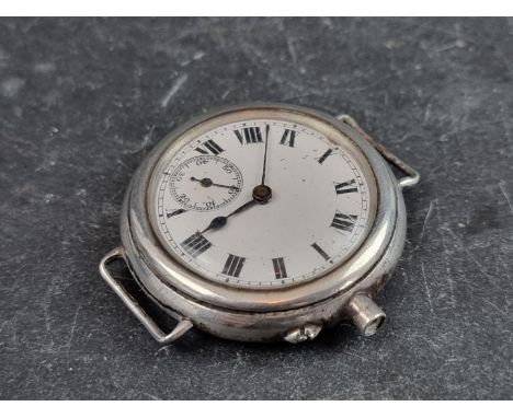 A WWI silver manual wind trench watch, 34mm, lacking strap and crown. 