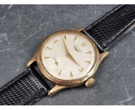 A circa 1966 Longines 9ct gold manual wind wristwatch, 33mm, Ref. 12908386, on black lizard strap. 