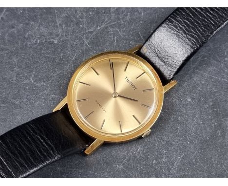 A Tissot 'Stylist' gold plated manual wind wristwatch, 33mm, Ref. 41070-2X, on original black leather strap.