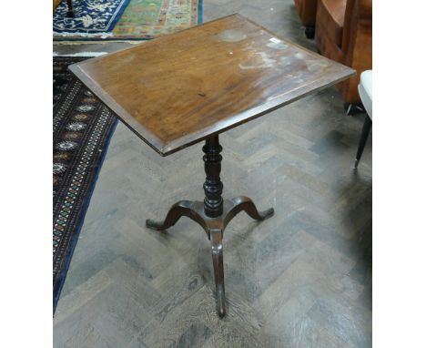 Late Georgian rectangular snap top mahogany occasional table on pillar and tripod base (top is warped) 