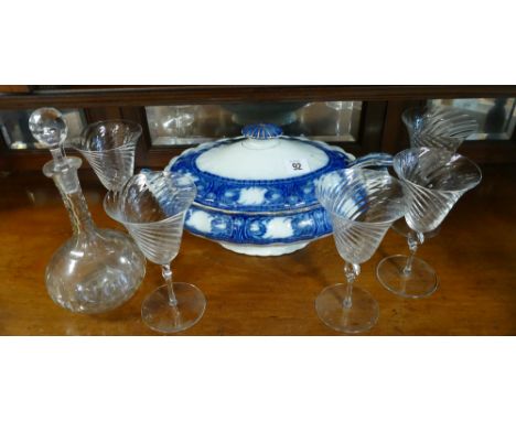 A blue and white Wedgwood tureen with ladle, 5 wine glasses and a decanter