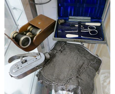 Chain mail evening purse, Deckler light torch, Binoculars, manicure set etc 