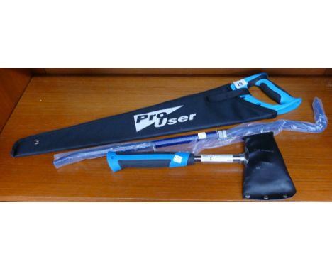 A new Stay sharp hand saw, crow bar and axe