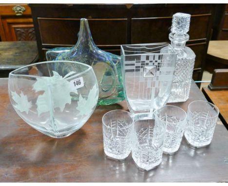 2 decorative glass vases, piece of Murano glass, decanter and 4 tumblers