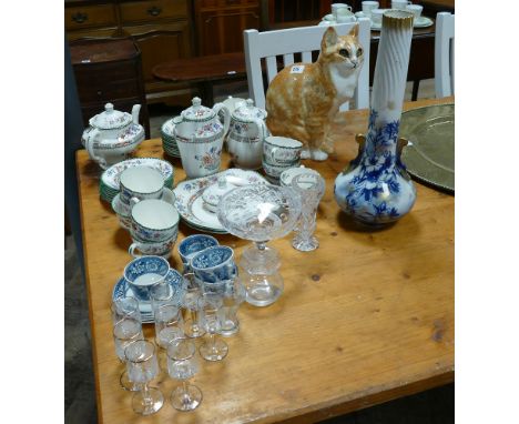 Winstanley ginger cat, tall blue and white vase, Copeland Spode tea set, wine glasses etc