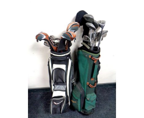 Two golf bags containing a set of Ping irons and drivers together with assorted irons and drivers by Calloway, Dunlop, Penfol