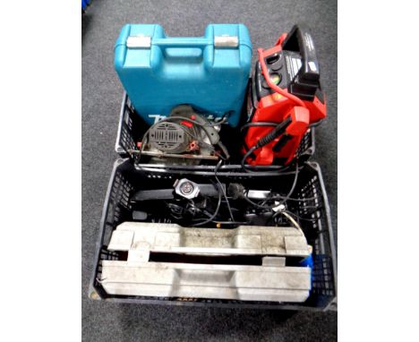 Two crates containing tools to include trolley jack, circular hand saw, jump starter, together with a Makita power tool case 