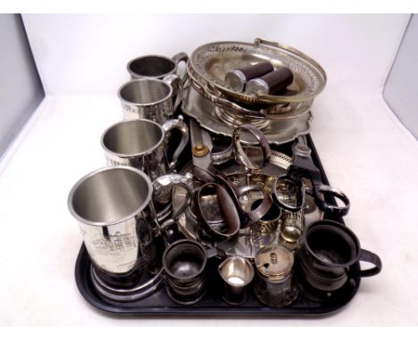 A tray containing antique and later plated wares to include tankards, basket, serving dishes, cruet sets together with two vi
