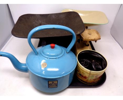 A tray containing two sets of vintage kitchen scales with weights together with a Monarch enamelled kettle  