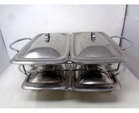 Two glass and stainless steel dishes on stands together with a ceramic teapot, vase and comport 