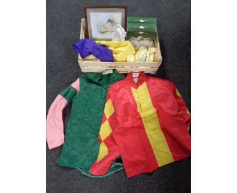 A box containing assorted racing silks to include Margaret Bemond racing colours, a Joanne Shaw picture of Frankie Dettori, t