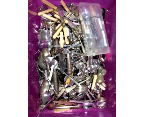 A plastic storage box containing a large quantity of silver plated and stainless steel flatware   