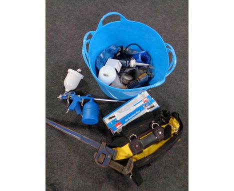 Two plastic builder's buckets containing compressor tools, oil suction gun, together with a Stanley Fatmax tool bag containin