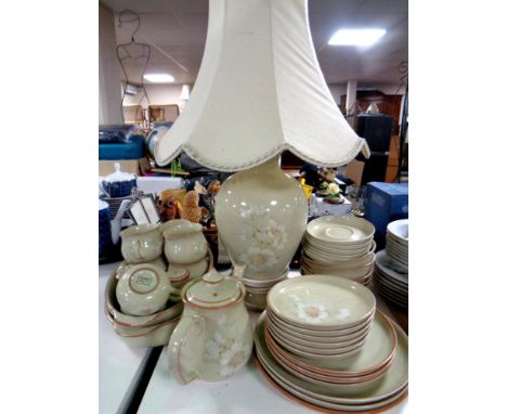 34 pieces of Denby Pottery tea and dinnerware together with a matching table lamp with shade 