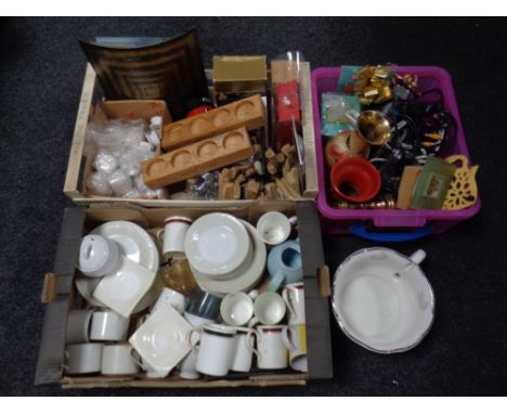 Three boxes and crates containing ceramics, wooden pieces, tea light holders, ceramic handles, metalware etc 