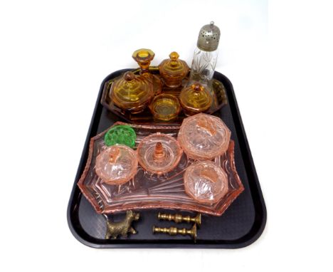 A tray containing two Art Deco glass trinket sets, cut glass silver plated lidded sugar sifter, corkscrew in the form of a do