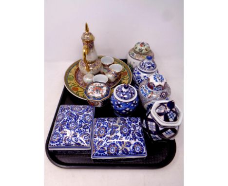 A tray containing assorted ceramics to include a hand painted Persian style tea service (as found), oriental style ginger jar