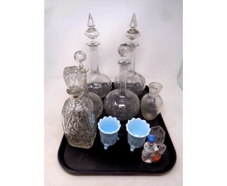 A tray containing antique and later decanters, pair of Davidson's glass vases, a ceramic egg timer 