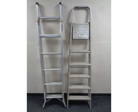 An Abru three way folding aluminium ladder together with a further set of aluminium folding steps 