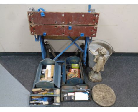 A folding Workmate together with two concertina toolboxes containing a small quantity of tools and paint brushes, a galvanize