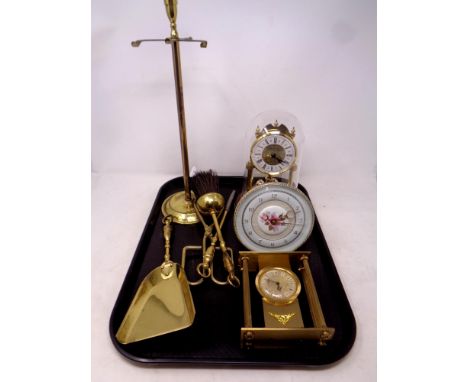 A tray containing quartz anniversary clock under shade, together with two further mantle clocks, four piece brass companion s