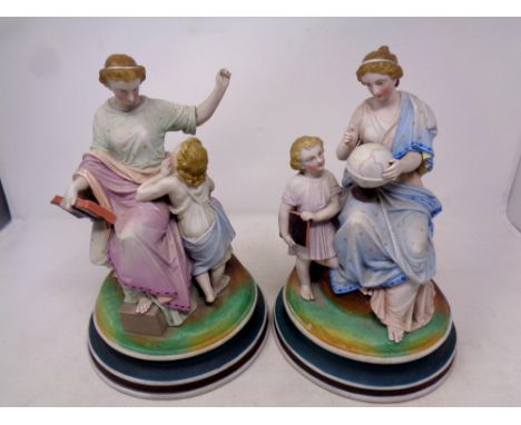 A pair of continental ceramic lamp bases depicting a teacher with child  