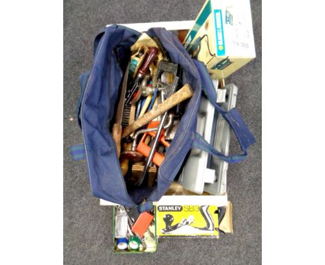 A crate containing holdall containing assorted hand tools, Stanley SB3 plane, Black and Decker electric sander  