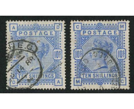 Great Britain 1884 10/- ultramarine, SG.183 shades (cat. £1,000+), the lighter shade with slight crease/fault under 'D' invis