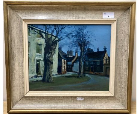 Late 20th / Early 21st Century, unidentified street scene light by moonlight, oil on board, indistinctly signed.9.5 x 11 insF