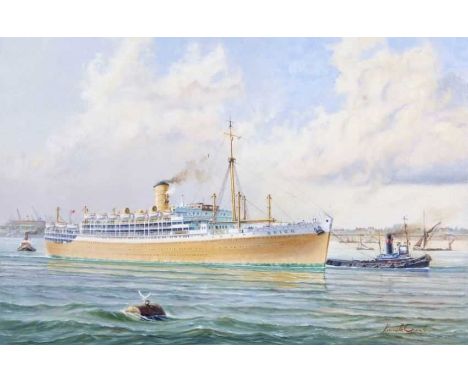 Kenneth Grant (British, 20th Century), portrait of the ocean liner RMS Orion departing Tilbury, circa 1950, oil on canvas, si