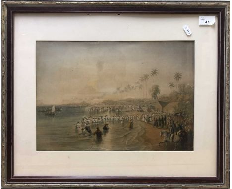 British/American, 19th Century, Colonial interest, a recording of a beach baptism, colour lithograph. Framed and Glazed11 x 1