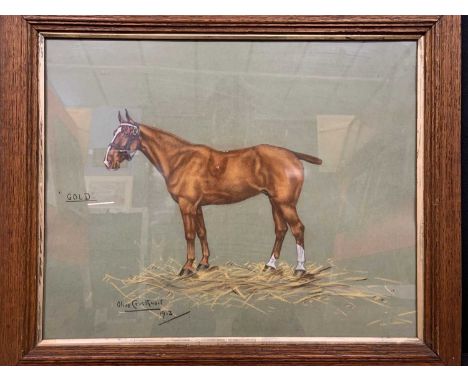 Olive Crosthwait (British 20th Century), a portrait of a horse, "Gold", mixed media, signed.15.5 x 19 insQty: 1