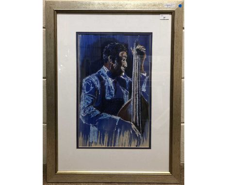 Dave Williams, (Trinidadian, Contemporary), "Bass Man", Portrait of a man playing the double bass, mixed media on paper, fram