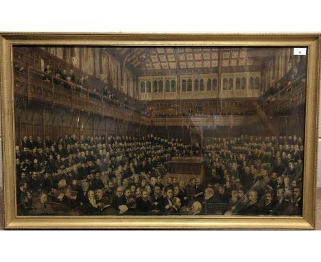 British School 19th Century, House of Commons in session - a member of the government addresses the house. Colour lithograph,
