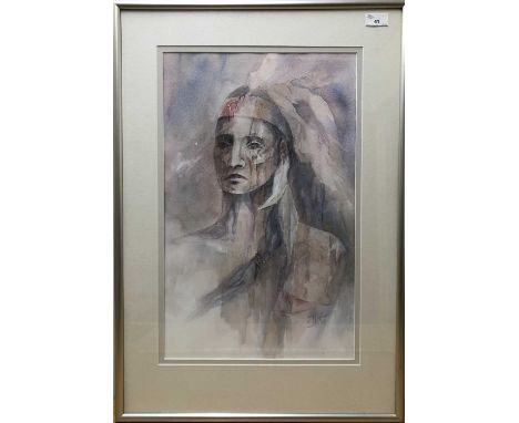 Judy Jepson, Contemporary, "Pride and Dignity portrait of an Indian Brave", watercolour on paper, framed and glazed. 21 x 13