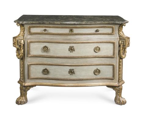 AN ITALIAN PAINTED AND PARCEL GILT COMMODECIRCA 1760, ROMAN93cm high, 119cm wide, 59cm deepProvenance:Barnwell Manor, Northam