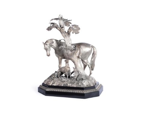 A VICTORIAN SILVER CENTREPIECESTEPHEN SMITH AND WILLIAM NICHOLSON, LONDON 1859 Modelled with a horse and greyhound standing b