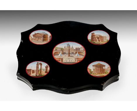 TWO 'GRAND TOUR' MICROMOSAIC PAPERWEIGHTS ITALIAN LATE 19TH CENTURY First inlaid with 5 scenes around Rome 16cm wide, the sec