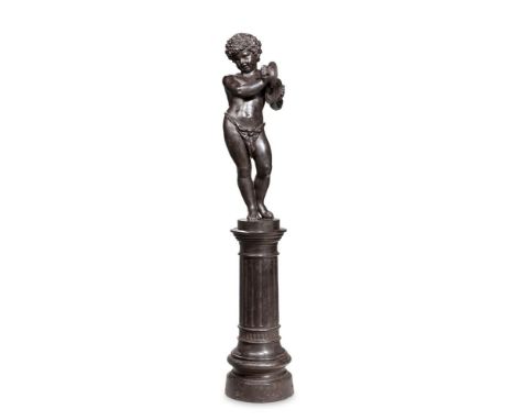 A LARGE CAST IRON FIGURE OF A PUTTI PLAYING CYMBALS LATE 19TH CENTURY, PROBABLY FRENCH On  integral cast iron pedestal, appar