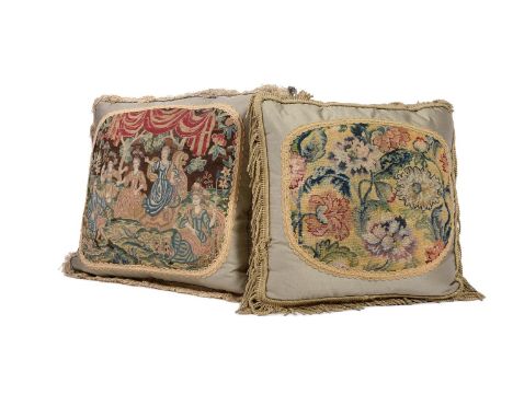 TWO MODERN CUSHIONS INCORPORATING 18TH CENTURY NEEDLEWORK The first with classical style scene with stylised Diana and Acteon