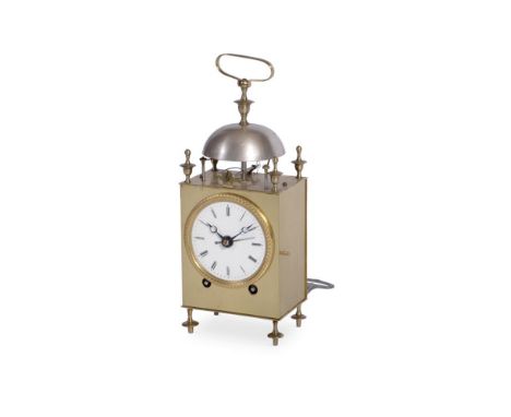 A SWISS BRASS CAPUCINE CARRIAGE ALARM CLOCKEARLY 19TH CENTURYThe eight-day movement with circular white enamel Roman numeral 