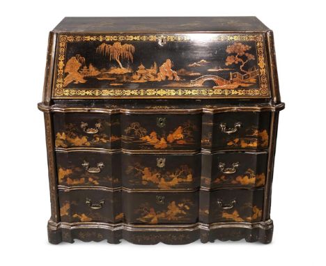 A GEORGE II BLACK LACQUER AND GILT CHINOISERIE DECORATED BUREAU CIRCA 1740 The fall opening to an arrangement of small drawer