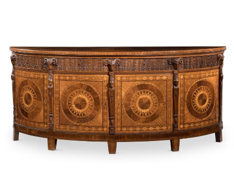Y Y A MAHOGANY, TULIPWOOD AND SPECIMEN MARQUETRY DEMI-LUNE COMMODE IN GEORGE III STYLE, IN THE MANNER OF DESIGNS BY ROBERT AD