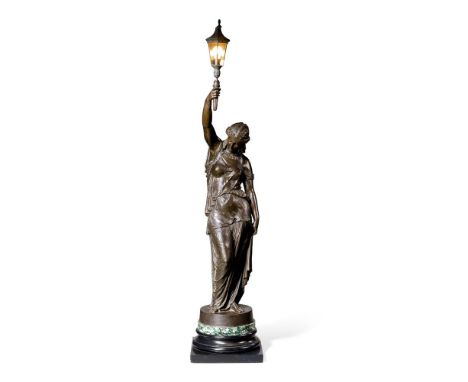 A BRONZED METAL FIGURE OF A NEOCLASSICAL MAIDENAFTER JOHN BELL, 20TH CENTURY On stepped simulated marble mounted base, now fi