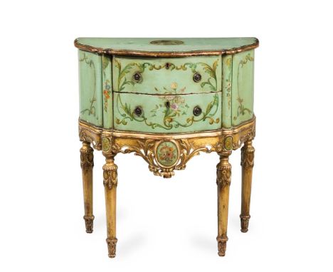AN ITALIAN GREEN PAINTED, GILTWOOD AND POLYCHROME DECORATED COMMODE PROBABLY VENETIAN, 19TH/EARLY 20TH CENTURY 75cm high, 69c