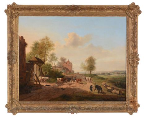 ATTRIBUTED TO HENRY JOSEPH ANTONISSEN (FLEMISH 1737-1794)HERDSMAN WITH CATTLE ON A COUNTRY ROAD Oil on canvas 52.7 x 66.2 cmP