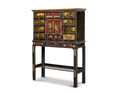 Y Y A FLEMISH EBONY, TORTOISESHELL, PAINTED, AND GILT METAL MOUNTED CABINET ON STAND POSSIBLY ANTWERP, EARLY 18TH CENTURY Eac